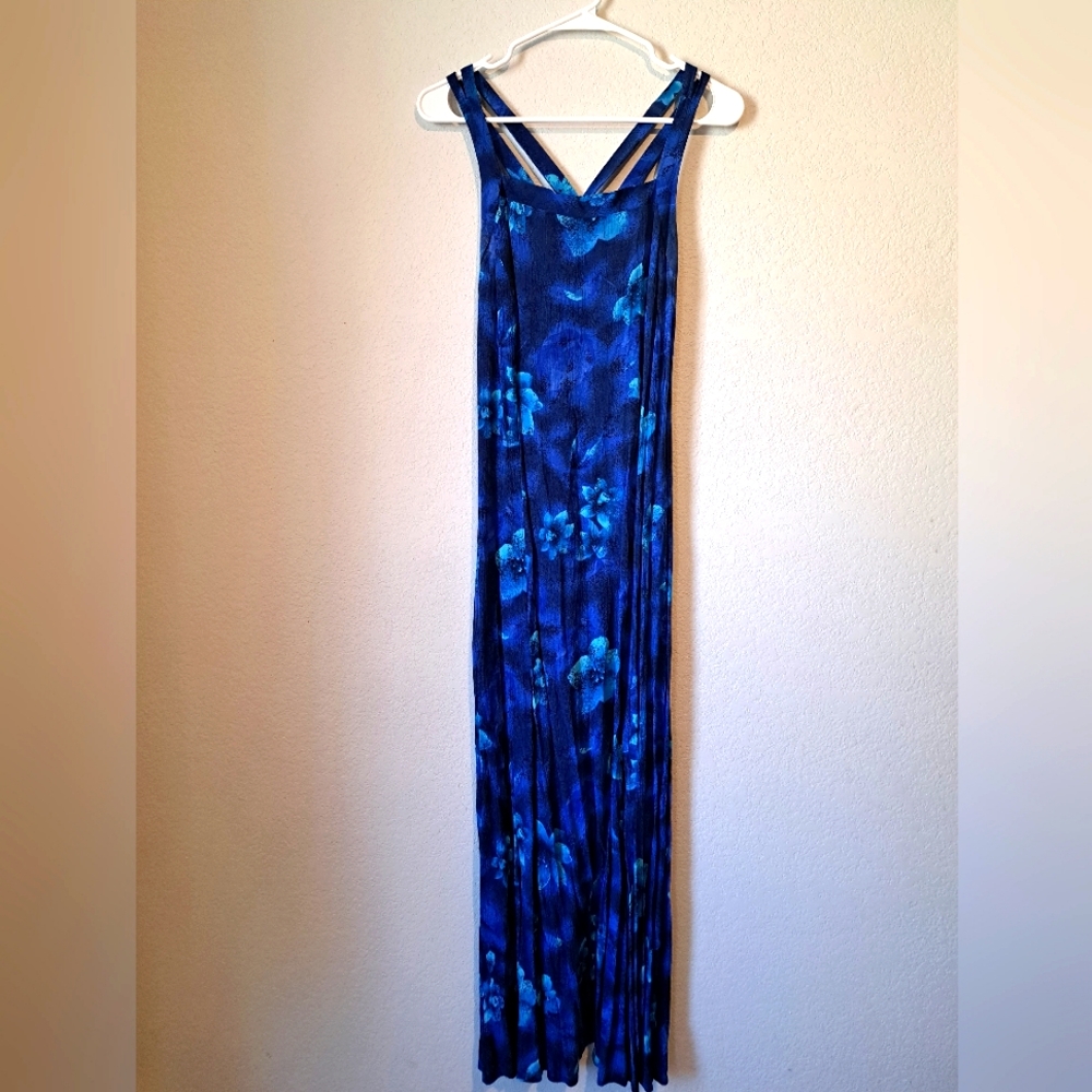 Sheri Martin blue floral maxi dress with a criss-cross back